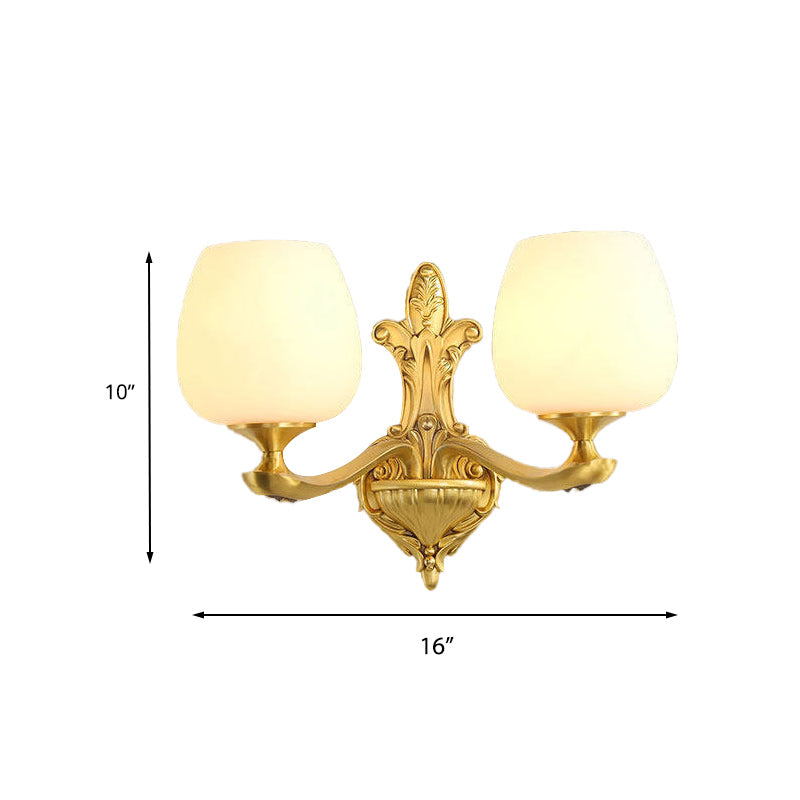 Conical Ivory Glass Wall Mounted Lamp Vintage 1/2-Bulb Bedroom Wall Lighting Fixture in Gold Clearhalo 'Wall Lamps & Sconces' 'Wall Lights' Lighting' 230766