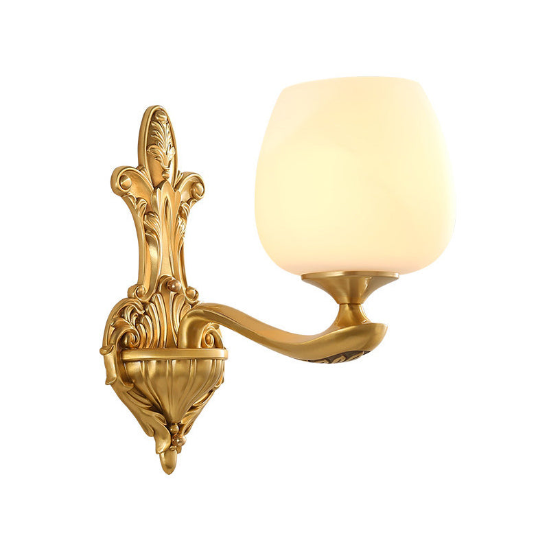 Conical Ivory Glass Wall Mounted Lamp Vintage 1/2-Bulb Bedroom Wall Lighting Fixture in Gold Clearhalo 'Wall Lamps & Sconces' 'Wall Lights' Lighting' 230770