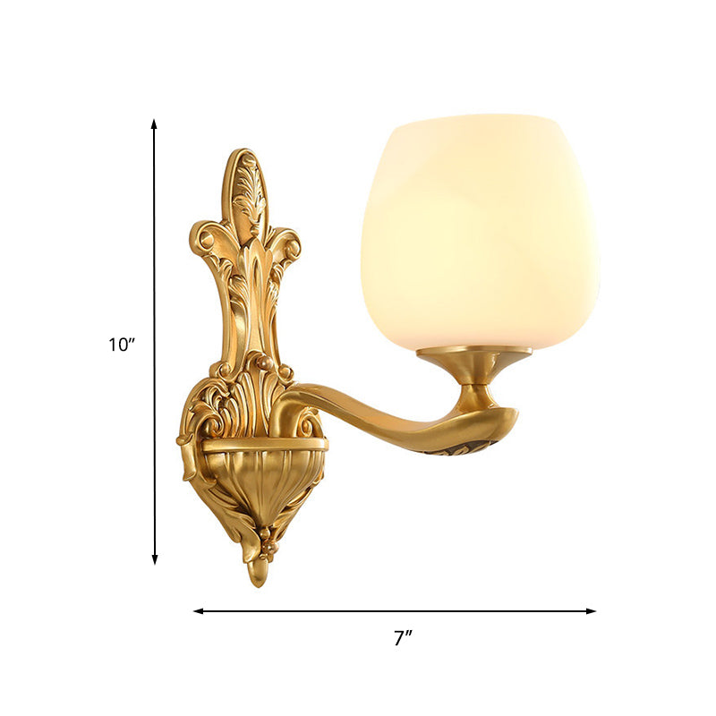 Conical Ivory Glass Wall Mounted Lamp Vintage 1/2-Bulb Bedroom Wall Lighting Fixture in Gold Clearhalo 'Wall Lamps & Sconces' 'Wall Lights' Lighting' 230771