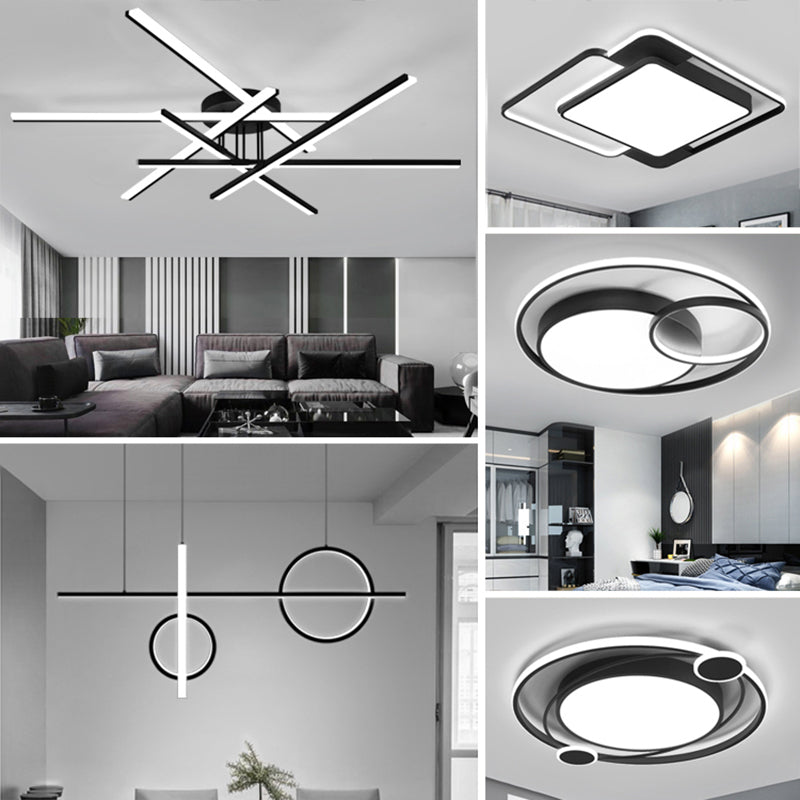 Minimalist Line Art Semi Flush Light Metal Living Room LED Ceiling Lamp in Black Clearhalo 'Ceiling Lights' 'Close To Ceiling Lights' 'Close to ceiling' 'Semi-flushmount' Lighting' 2307734