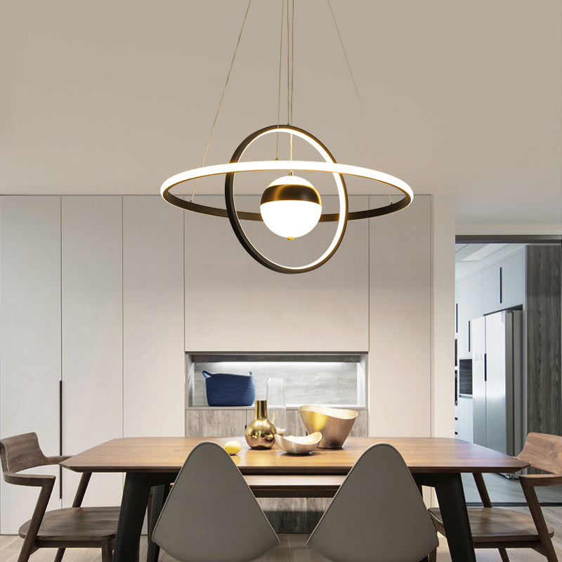Ball and Ring Shaped Chandelier Minimalistic Acrylic Black Ceiling Pendant Light over Table Black Remote Control Stepless Dimming Clearhalo 'Ceiling Lights' 'Chandeliers' 'Modern Chandeliers' 'Modern' Lighting' 2307832