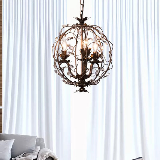 Traditional Globe Hanging Chandelier Metal 3/5 Bulbs Suspension Light in Antique Brass with Crystal Leaf Clearhalo 'Ceiling Lights' 'Chandeliers' Lighting' options 230787