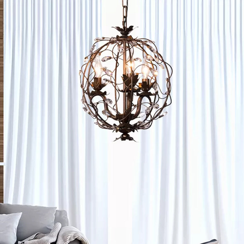 Traditional Globe Hanging Chandelier Metal 3/5 Bulbs Suspension Light in Antique Brass with Crystal Leaf 3 Antique Brass Clearhalo 'Ceiling Lights' 'Chandeliers' Lighting' options 230787_c9795237-0829-426d-ad1f-8aebf351c710