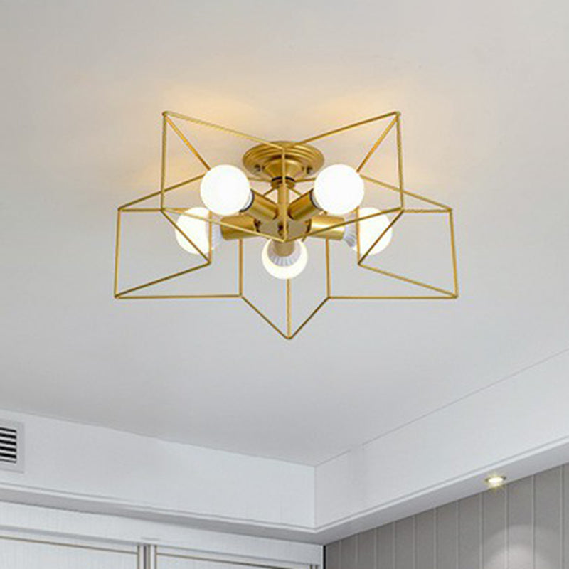 5 Bulbs Pentagram Cage Semi Flush Mounted Lamp Modern Metal Ceiling Light Fixture for Bedroom Gold Clearhalo 'Ceiling Lights' 'Close To Ceiling Lights' 'Close to ceiling' 'Semi-flushmount' Lighting' 2307882