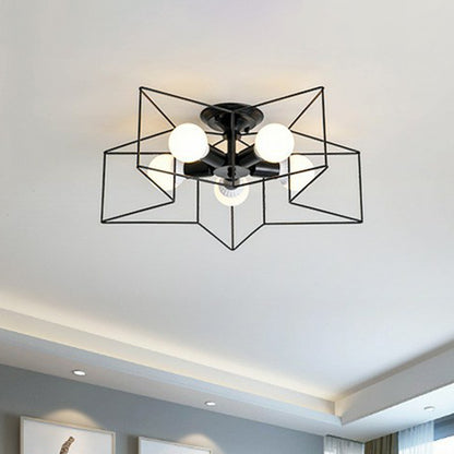 5 Bulbs Pentagram Cage Semi Flush Mounted Lamp Modern Metal Ceiling Light Fixture for Bedroom Black Clearhalo 'Ceiling Lights' 'Close To Ceiling Lights' 'Close to ceiling' 'Semi-flushmount' Lighting' 2307883