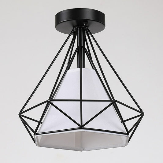 Black Diamond Cage Flush Mount Fixture Vintage Iron 1 Bulb Aisle Semi Flush Ceiling Light Black Clearhalo 'Ceiling Lights' 'Close To Ceiling Lights' 'Close to ceiling' 'Semi-flushmount' Lighting' 2307887