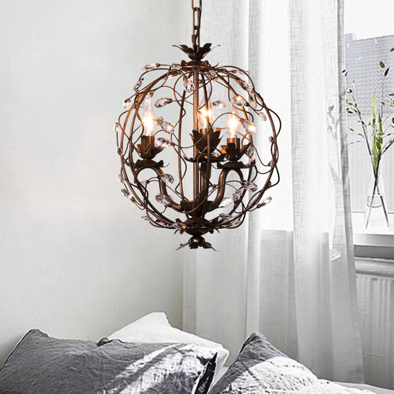 Traditional Globe Hanging Chandelier Metal 3/5 Bulbs Suspension Light in Antique Brass with Crystal Leaf Clearhalo 'Ceiling Lights' 'Chandeliers' Lighting' options 230789