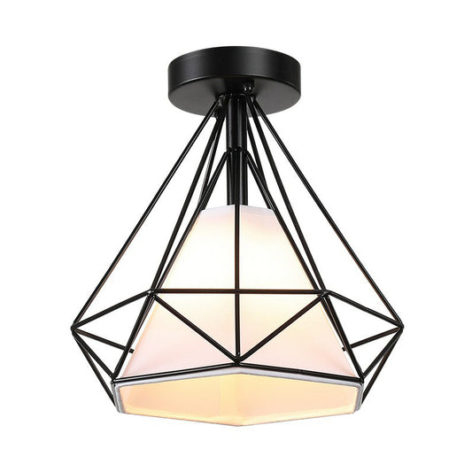 Black Diamond Cage Flush Mount Fixture Vintage Iron 1 Bulb Aisle Semi Flush Ceiling Light Clearhalo 'Ceiling Lights' 'Close To Ceiling Lights' 'Close to ceiling' 'Semi-flushmount' Lighting' 2307890