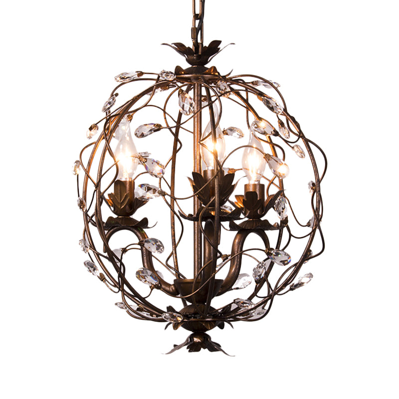 Traditional Globe Hanging Chandelier Metal 3/5 Bulbs Suspension Light in Antique Brass with Crystal Leaf Clearhalo 'Ceiling Lights' 'Chandeliers' Lighting' options 230790