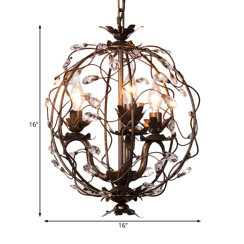 Traditional Globe Hanging Chandelier Metal 3/5 Bulbs Suspension Light in Antique Brass with Crystal Leaf Clearhalo 'Ceiling Lights' 'Chandeliers' Lighting' options 230791