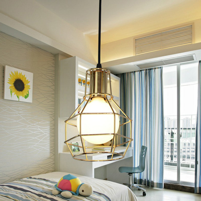 Ball Shaped Cage Bedroom Ceiling Hang Lamp Industrial Metal 1 Bulb Pendant Light Fixture Clearhalo 'Ceiling Lights' 'Pendant Lights' 'Pendants' Lighting' 2307919