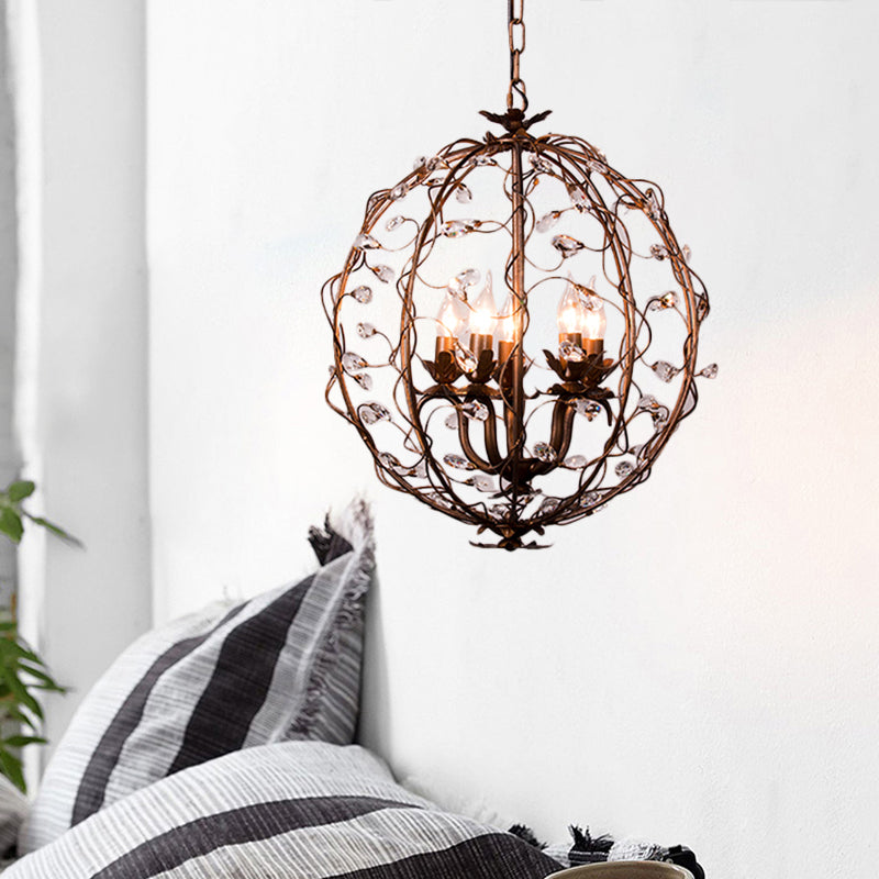 Traditional Globe Hanging Chandelier Metal 3/5 Bulbs Suspension Light in Antique Brass with Crystal Leaf 5 Antique Brass Clearhalo 'Ceiling Lights' 'Chandeliers' Lighting' options 230792_2877fbdd-2c9f-46ee-98fa-ab3153666687