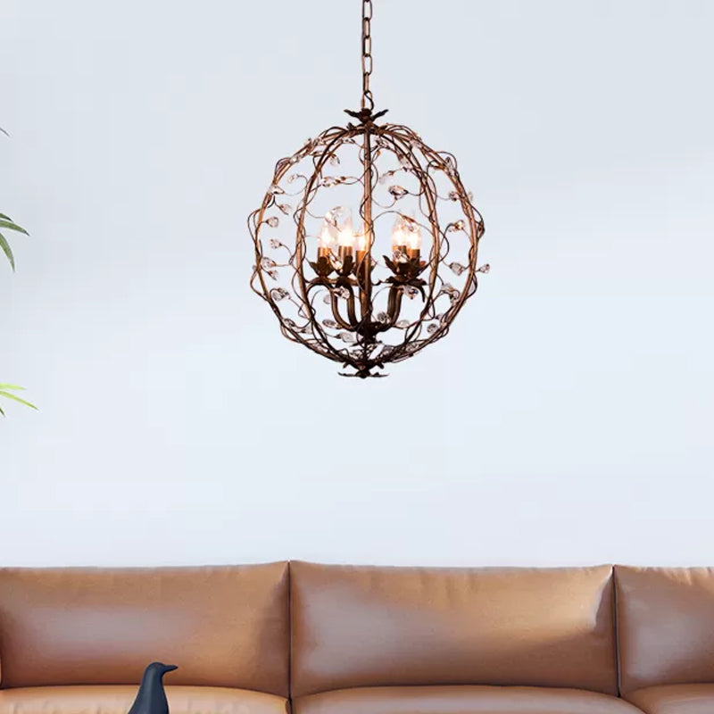 Traditional Globe Hanging Chandelier Metal 3/5 Bulbs Suspension Light in Antique Brass with Crystal Leaf Clearhalo 'Ceiling Lights' 'Chandeliers' Lighting' options 230793