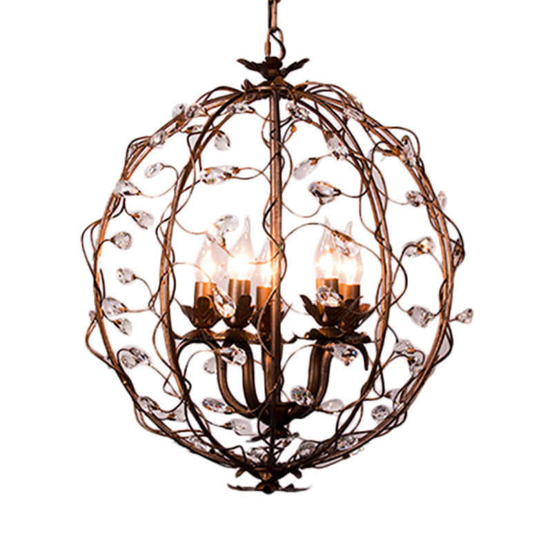 Traditional Globe Hanging Chandelier Metal 3/5 Bulbs Suspension Light in Antique Brass with Crystal Leaf Clearhalo 'Ceiling Lights' 'Chandeliers' Lighting' options 230794