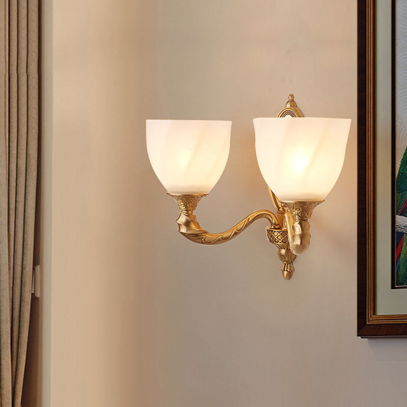 1/2 Lights Frosted Glass Wall Sconce Light Retro Gold Dome Entry Wall Lamp with Metal Scrolled Arm Clearhalo 'Wall Lamps & Sconces' 'Wall Lights' Lighting' 230798