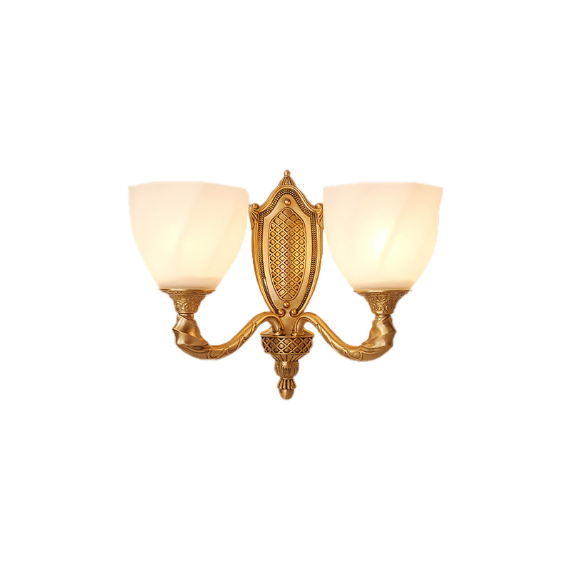 1/2 Lights Frosted Glass Wall Sconce Light Retro Gold Dome Entry Wall Lamp with Metal Scrolled Arm Clearhalo 'Wall Lamps & Sconces' 'Wall Lights' Lighting' 230799