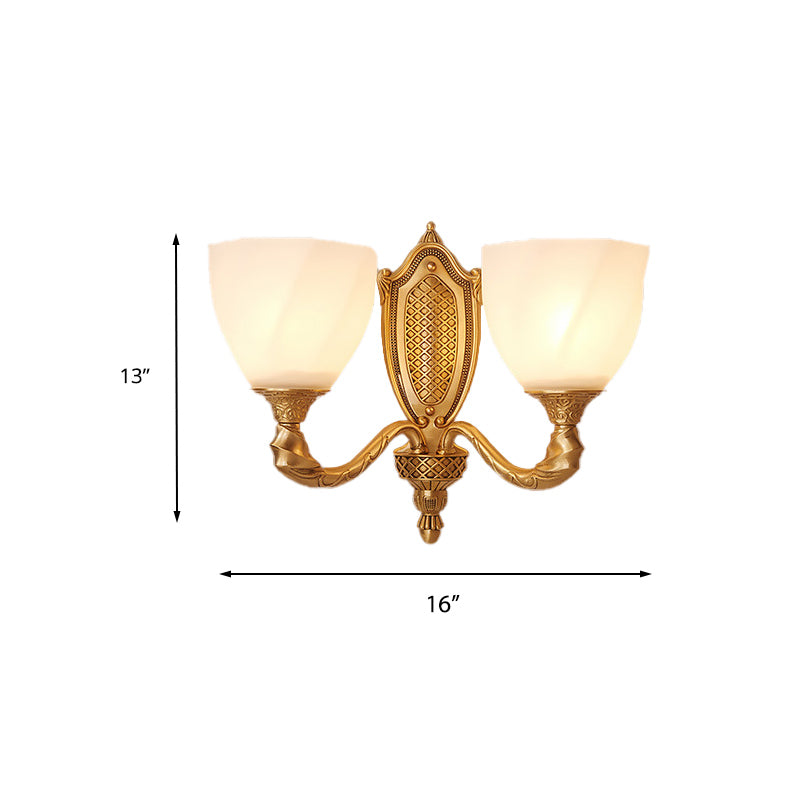 1/2 Lights Frosted Glass Wall Sconce Light Retro Gold Dome Entry Wall Lamp with Metal Scrolled Arm Clearhalo 'Wall Lamps & Sconces' 'Wall Lights' Lighting' 230800