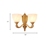 1/2 Lights Frosted Glass Wall Sconce Light Retro Gold Dome Entry Wall Lamp with Metal Scrolled Arm Clearhalo 'Wall Lamps & Sconces' 'Wall Lights' Lighting' 230800