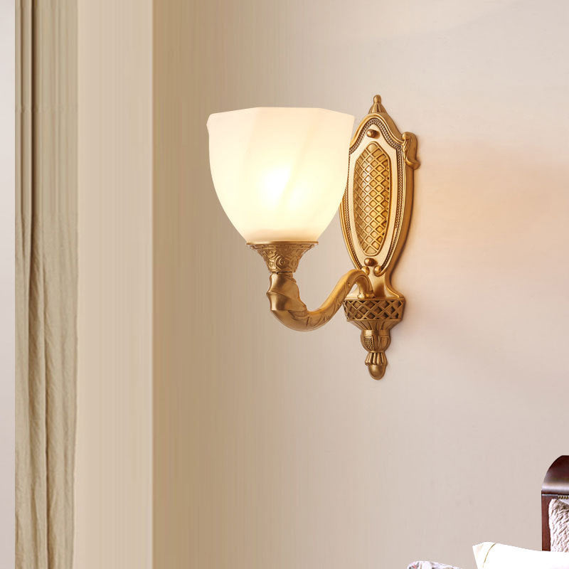 1/2 Lights Frosted Glass Wall Sconce Light Retro Gold Dome Entry Wall Lamp with Metal Scrolled Arm 1.0 Gold Clearhalo 'Wall Lamps & Sconces' 'Wall Lights' Lighting' 230802