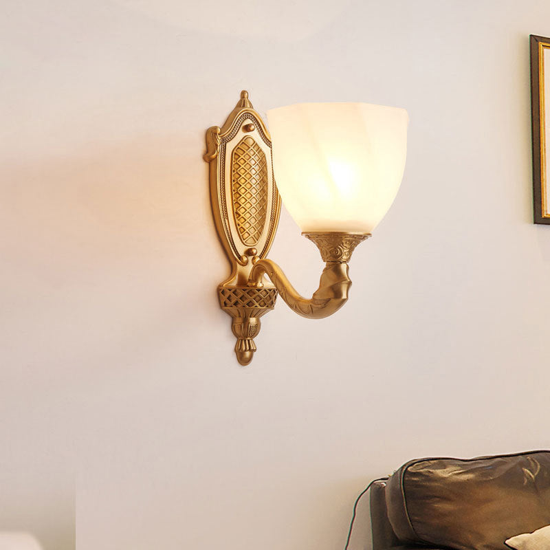 1/2 Lights Frosted Glass Wall Sconce Light Retro Gold Dome Entry Wall Lamp with Metal Scrolled Arm Clearhalo 'Wall Lamps & Sconces' 'Wall Lights' Lighting' 230803