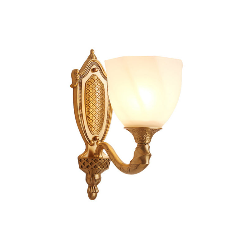 1/2 Lights Frosted Glass Wall Sconce Light Retro Gold Dome Entry Wall Lamp with Metal Scrolled Arm Clearhalo 'Wall Lamps & Sconces' 'Wall Lights' Lighting' 230804