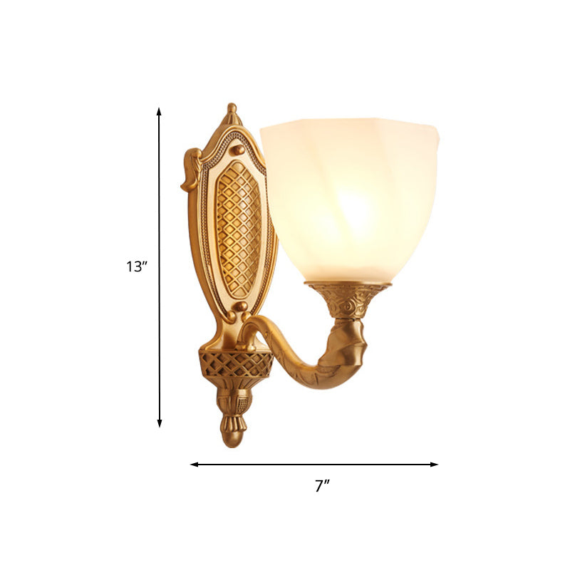 1/2 Lights Frosted Glass Wall Sconce Light Retro Gold Dome Entry Wall Lamp with Metal Scrolled Arm Clearhalo 'Wall Lamps & Sconces' 'Wall Lights' Lighting' 230805