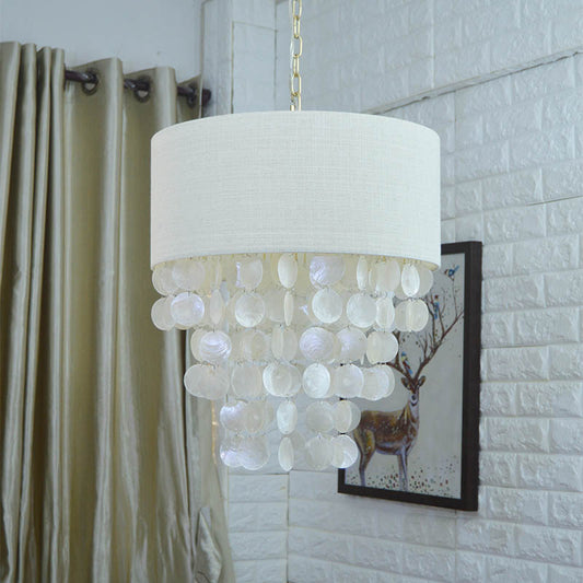 Tassel Shell Hanging Chandelier Retro 3 Heads White Ceiling Pendant Light with Drum Fabric Shade for Living Room Clearhalo 'Ceiling Lights' 'Chandeliers' Lighting' options 230825