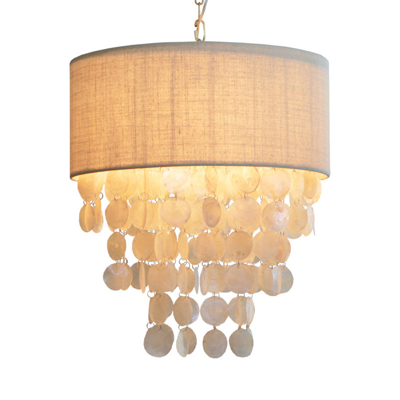 Tassel Shell Hanging Chandelier Retro 3 Heads White Ceiling Pendant Light with Drum Fabric Shade for Living Room Clearhalo 'Ceiling Lights' 'Chandeliers' Lighting' options 230826