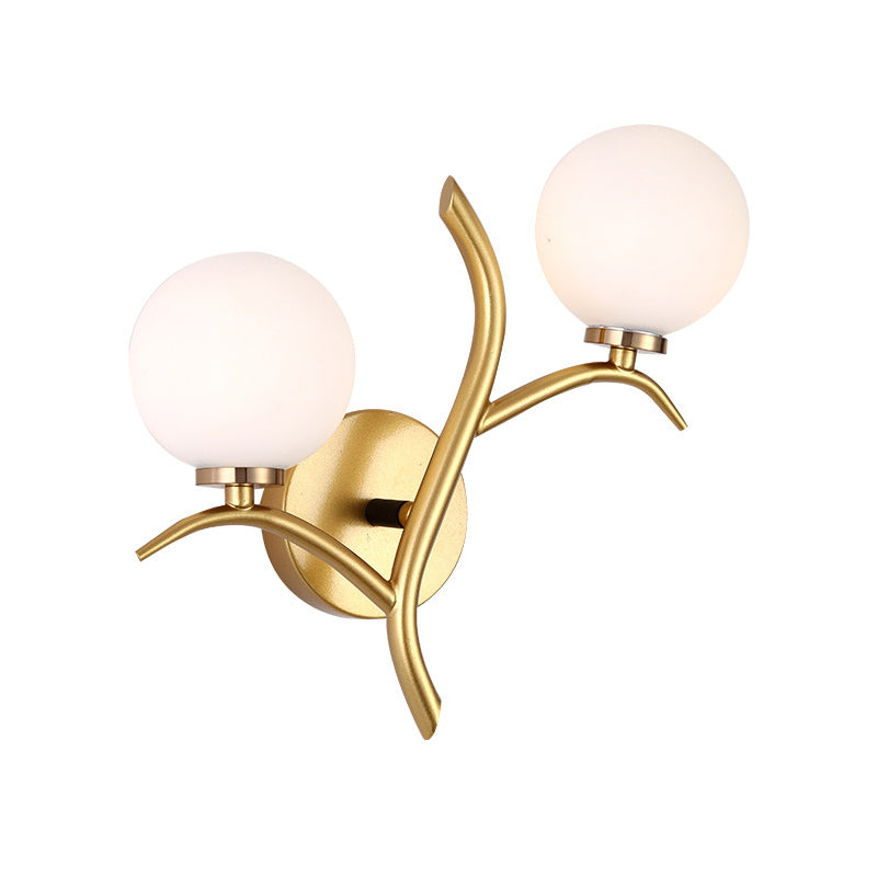 2 Bulbs White Glass Wall Sconce Modern Gold/Black Globe Dining Room Sconce Light with Branch-Shaped Arm Clearhalo 'Wall Lamps & Sconces' 'Wall Lights' Lighting' 230856