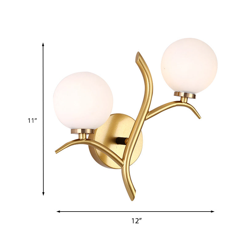 2 Bulbs White Glass Wall Sconce Modern Gold/Black Globe Dining Room Sconce Light with Branch-Shaped Arm Clearhalo 'Wall Lamps & Sconces' 'Wall Lights' Lighting' 230857