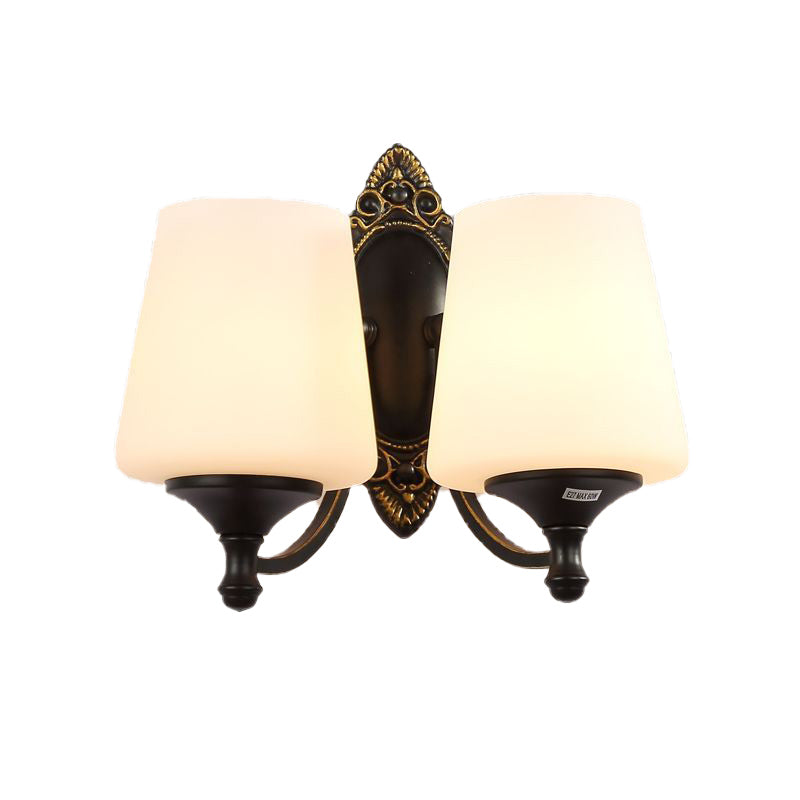 Retro Conical Sconce Light Fixture 1/2-Light White Glass Wall Mounted Light with Metal Curved Arm in Black Clearhalo 'Wall Lamps & Sconces' 'Wall Lights' Lighting' 230868