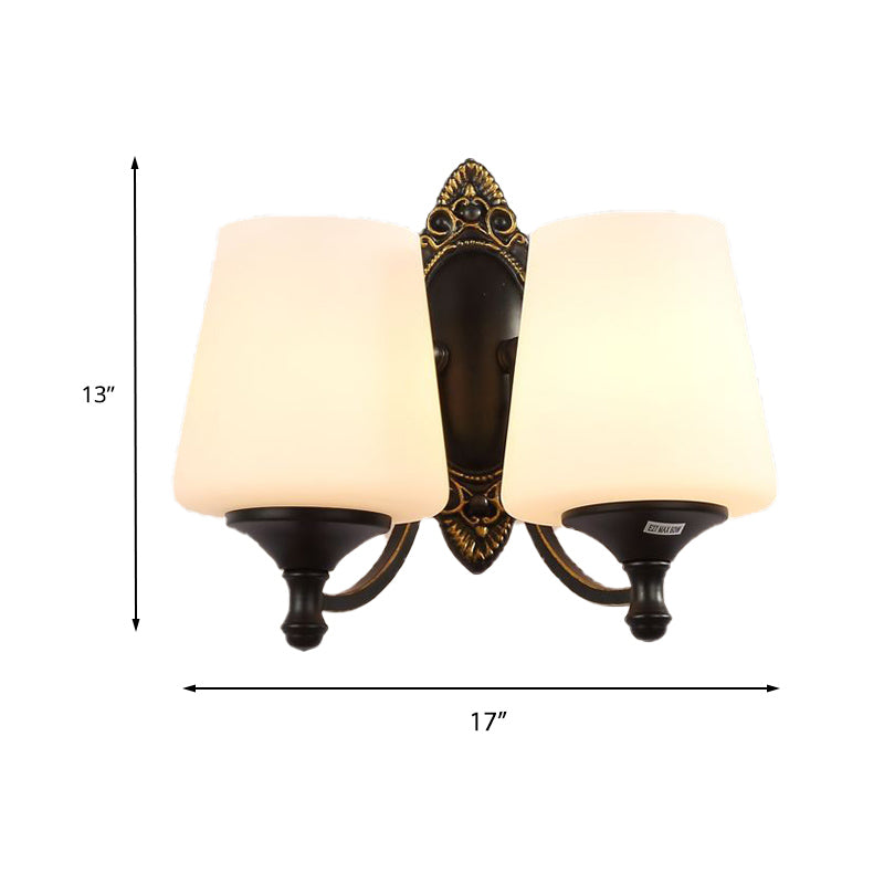 Retro Conical Sconce Light Fixture 1/2-Light White Glass Wall Mounted Light with Metal Curved Arm in Black Clearhalo 'Wall Lamps & Sconces' 'Wall Lights' Lighting' 230869