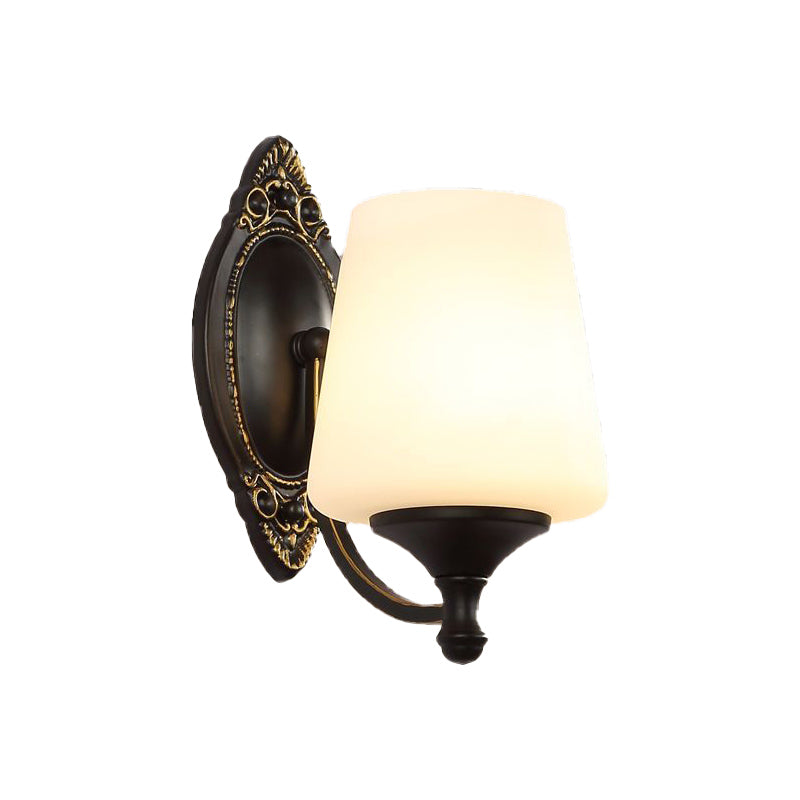 Retro Conical Sconce Light Fixture 1/2-Light White Glass Wall Mounted Light with Metal Curved Arm in Black Clearhalo 'Wall Lamps & Sconces' 'Wall Lights' Lighting' 230873