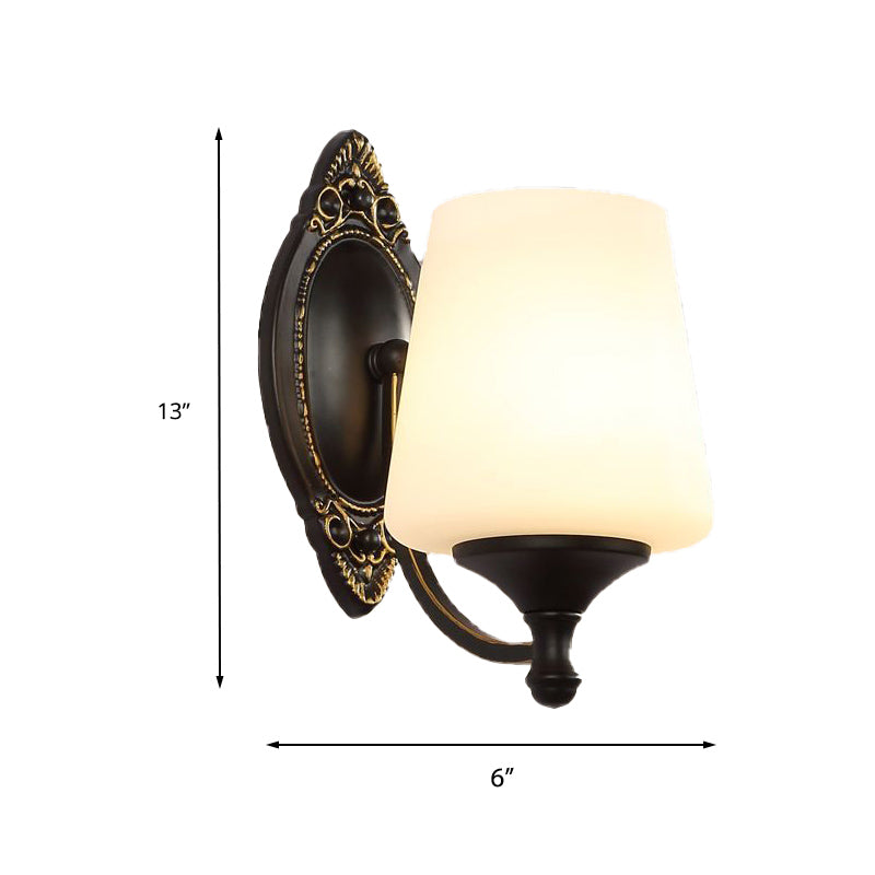 Retro Conical Sconce Light Fixture 1/2-Light White Glass Wall Mounted Light with Metal Curved Arm in Black Clearhalo 'Wall Lamps & Sconces' 'Wall Lights' Lighting' 230874