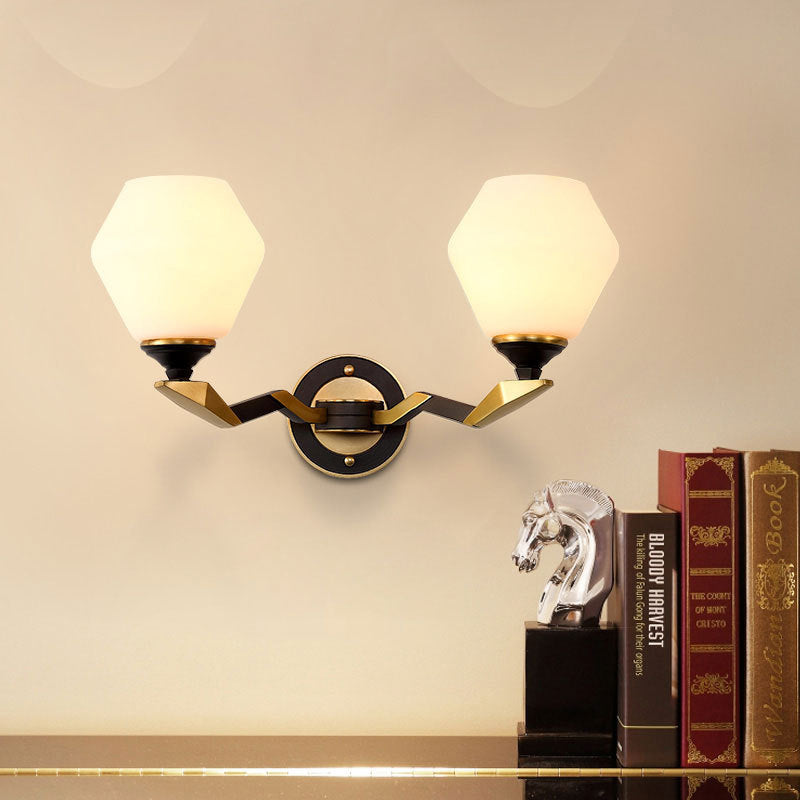 Black-Gold 1/2-Light Wall Light Antique Ivory Glass Geometric Sconce Light with Swooping Arm for Bedroom 2.0 Black-Gold Clearhalo 'Wall Lamps & Sconces' 'Wall Lights' Lighting' 230907