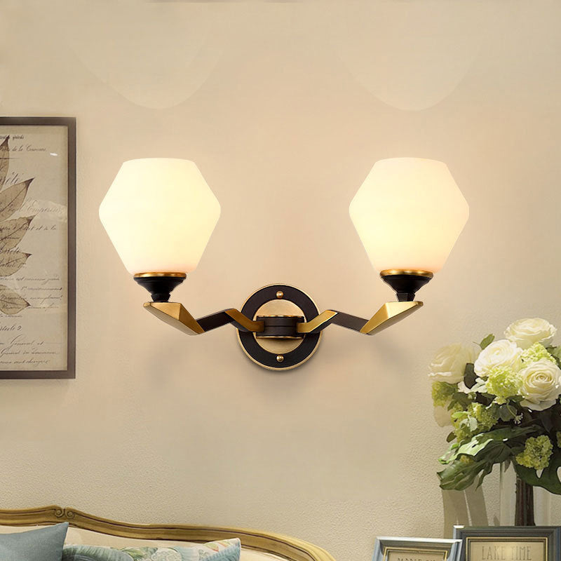 Black-Gold 1/2-Light Wall Light Antique Ivory Glass Geometric Sconce Light with Swooping Arm for Bedroom Clearhalo 'Wall Lamps & Sconces' 'Wall Lights' Lighting' 230908