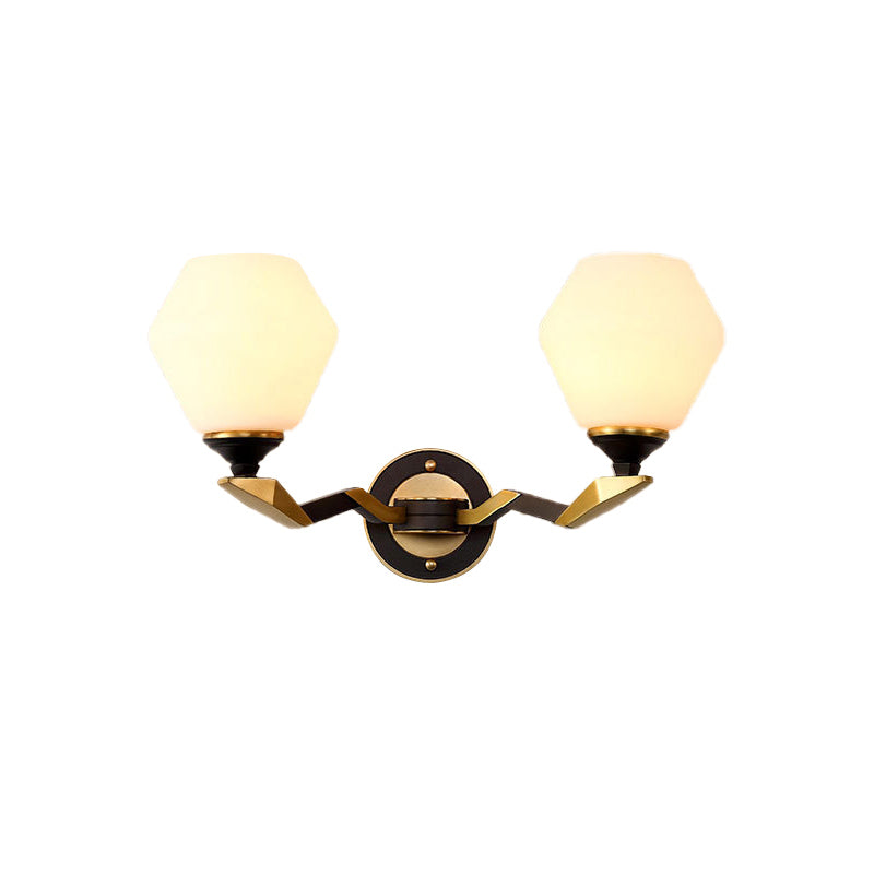 Black-Gold 1/2-Light Wall Light Antique Ivory Glass Geometric Sconce Light with Swooping Arm for Bedroom Clearhalo 'Wall Lamps & Sconces' 'Wall Lights' Lighting' 230909