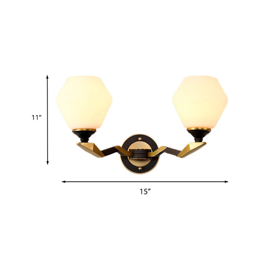 Black-Gold 1/2-Light Wall Light Antique Ivory Glass Geometric Sconce Light with Swooping Arm for Bedroom Clearhalo 'Wall Lamps & Sconces' 'Wall Lights' Lighting' 230910