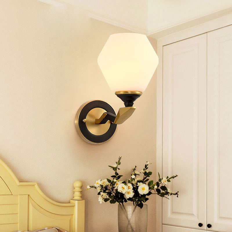 Black-Gold 1/2-Light Wall Light Antique Ivory Glass Geometric Sconce Light with Swooping Arm for Bedroom 1.0 Black-Gold Clearhalo 'Wall Lamps & Sconces' 'Wall Lights' Lighting' 230912