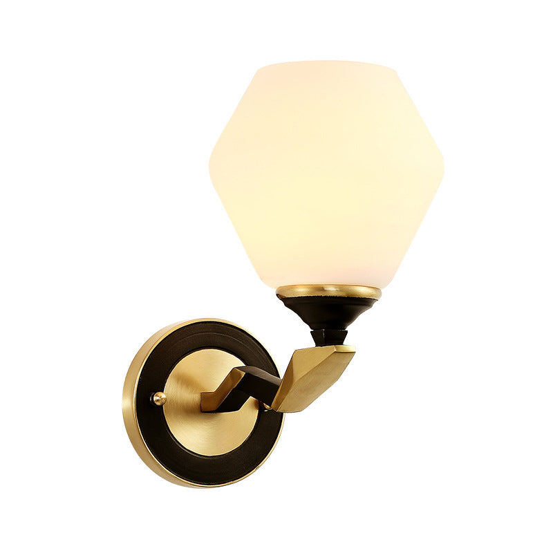 Black-Gold 1/2-Light Wall Light Antique Ivory Glass Geometric Sconce Light with Swooping Arm for Bedroom Clearhalo 'Wall Lamps & Sconces' 'Wall Lights' Lighting' 230914