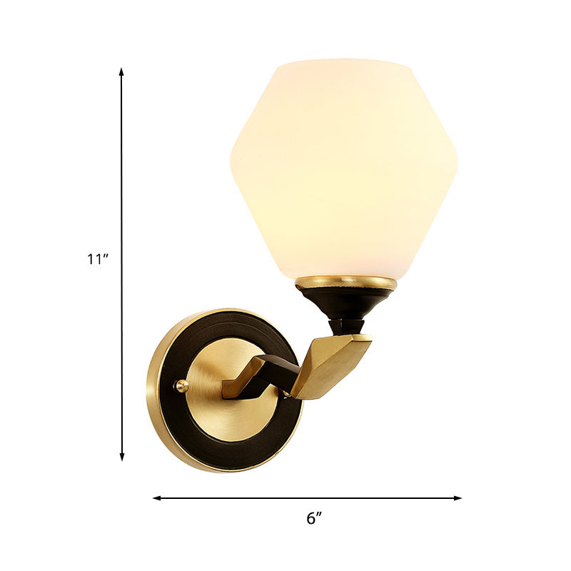 Black-Gold 1/2-Light Wall Light Antique Ivory Glass Geometric Sconce Light with Swooping Arm for Bedroom Clearhalo 'Wall Lamps & Sconces' 'Wall Lights' Lighting' 230915