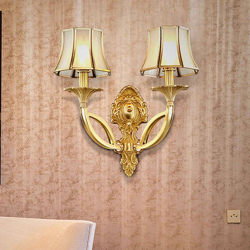 1/2-Light Frosted Glass Wall Sconce Traditional Brass Paneled Bell Living Room Sconce Light with Scrolled Arm 2.0 Brass Clearhalo 'Wall Lamps & Sconces' 'Wall Lights' Lighting' 230922