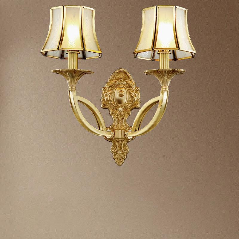 1/2-Light Frosted Glass Wall Sconce Traditional Brass Paneled Bell Living Room Sconce Light with Scrolled Arm Clearhalo 'Wall Lamps & Sconces' 'Wall Lights' Lighting' 230923