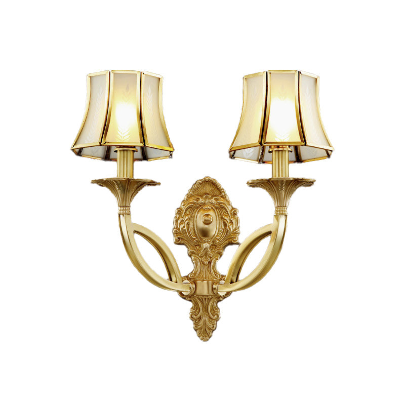 1/2-Light Frosted Glass Wall Sconce Traditional Brass Paneled Bell Living Room Sconce Light with Scrolled Arm Clearhalo 'Wall Lamps & Sconces' 'Wall Lights' Lighting' 230924