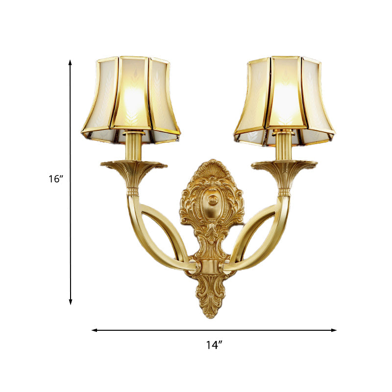 1/2-Light Frosted Glass Wall Sconce Traditional Brass Paneled Bell Living Room Sconce Light with Scrolled Arm Clearhalo 'Wall Lamps & Sconces' 'Wall Lights' Lighting' 230925