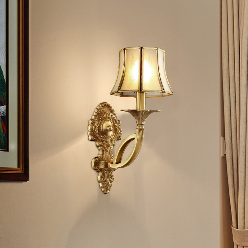 1/2-Light Frosted Glass Wall Sconce Traditional Brass Paneled Bell Living Room Sconce Light with Scrolled Arm 1.0 Brass Clearhalo 'Wall Lamps & Sconces' 'Wall Lights' Lighting' 230928