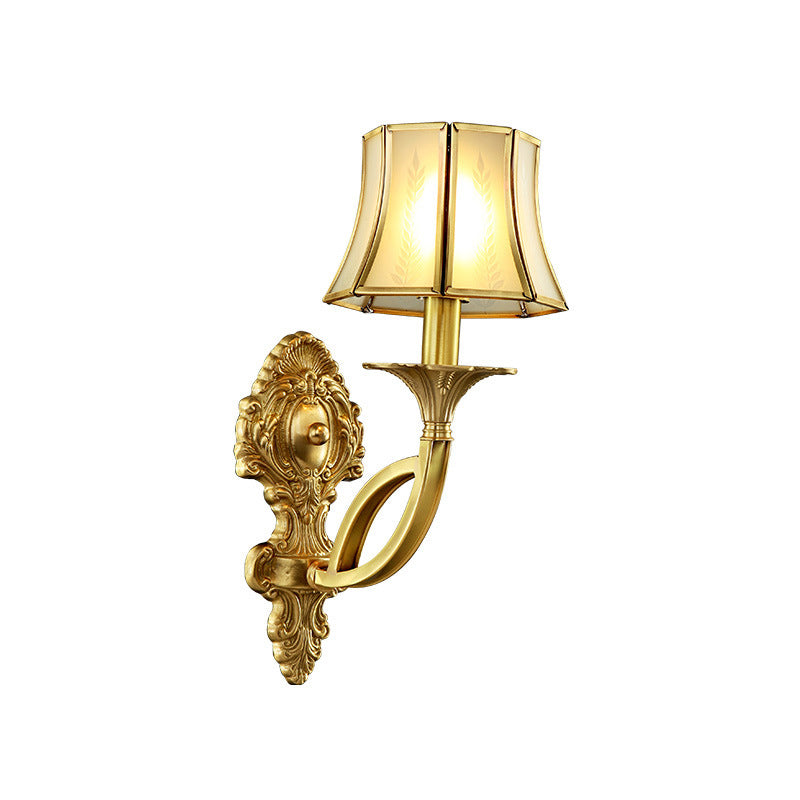 1/2-Light Frosted Glass Wall Sconce Traditional Brass Paneled Bell Living Room Sconce Light with Scrolled Arm Clearhalo 'Wall Lamps & Sconces' 'Wall Lights' Lighting' 230930