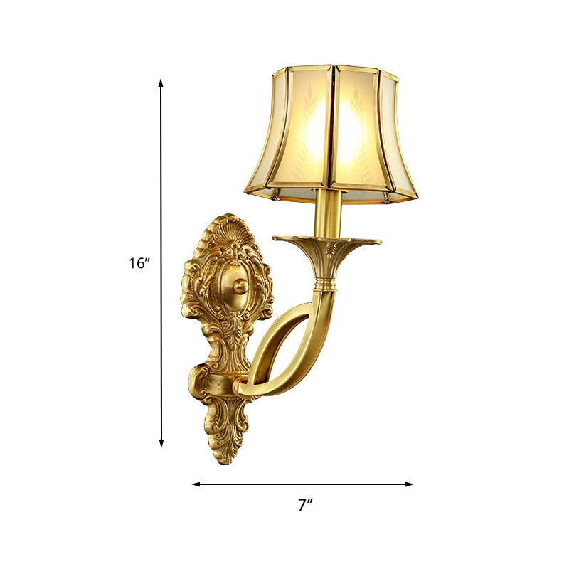 1/2-Light Frosted Glass Wall Sconce Traditional Brass Paneled Bell Living Room Sconce Light with Scrolled Arm Clearhalo 'Wall Lamps & Sconces' 'Wall Lights' Lighting' 230931