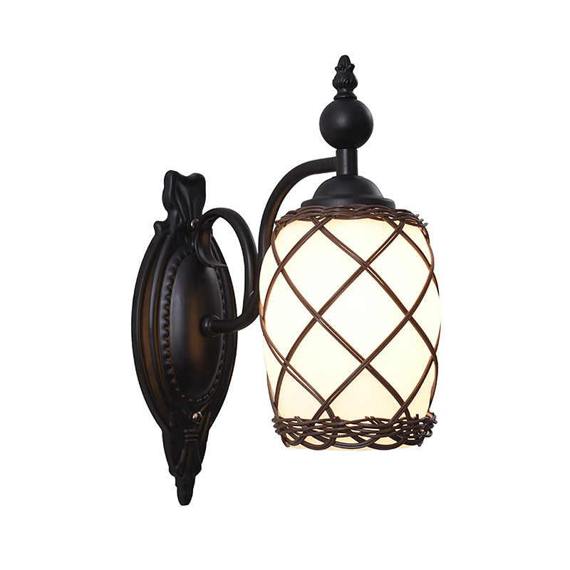 Cylinder Cream Glass Wall Light Fixture Traditional 1 Light Bedroom Wall Lamp with Bamboo-Woven Shade in Black Clearhalo 'Wall Lamps & Sconces' 'Wall Lights' Lighting' 230939