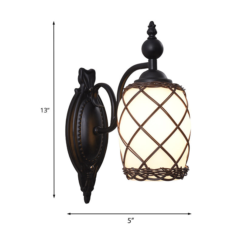 Cylinder Cream Glass Wall Light Fixture Traditional 1 Light Bedroom Wall Lamp with Bamboo-Woven Shade in Black Clearhalo 'Wall Lamps & Sconces' 'Wall Lights' Lighting' 230940